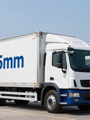Angular shot of a massive, clean white and deep blue corporate moving truck parked under bright daylight, professional branding on the side, sharp corporate photography style, 35mm lens