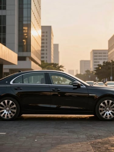 Cinematic side profile of a polished black luxury sedan parked in a modern Abidjan business district, golden hour sunlight reflecting off the metallic paint, professional composition, 50mm lens.