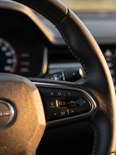 Macro close-up of a premium leather-stitched steering wheel and digital dashboard of a luxury sedan, warm golden hour lighting, cinematic focus.