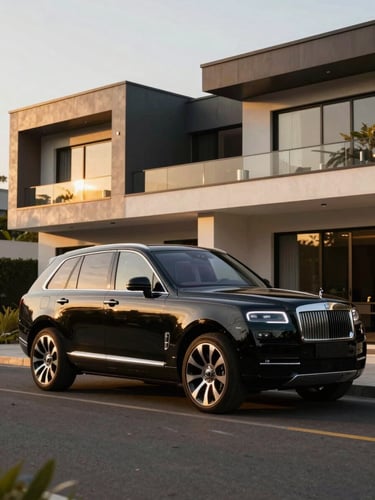 Wide cinematic environmental shot of a polished black luxury SUV parked in front of a modern Abidjan villa, golden hour sunlight reflecting off the metallic paint, 50mm lens.