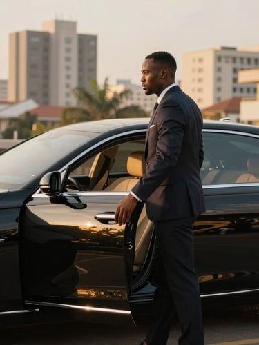 Wide environmental shot of a professional chauffeur in a tailored dark suit holding open the door of a polished black luxury sedan, warm golden hour reflections on the metallic chassis, Abidjan upscale district background, cinematic 50mm lens