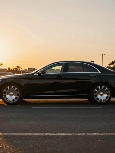 Side view of a pristine black luxury sedan parked on a quiet Abidjan street at sunset, golden hour light reflecting off the polished metallic body, cinematic composition, 50mm lens.