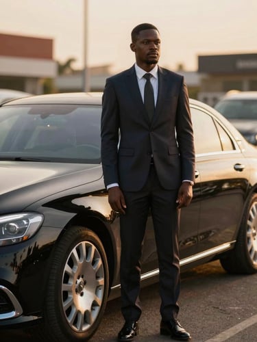A professional African chauffeur in a tailored dark suit standing beside a polished luxury sedan in Abidjan, golden hour lighting, soft metallic reflections