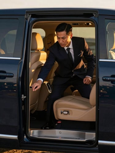 A professional chauffeur in a tailored dark suit opening the door of an executive SUV, soft golden light, elegant leather interior visible, high-end editorial automotive photography.