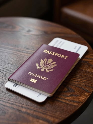 Tight, elegant close-up of a passport and a pristine physical boarding pass on a dark, high-end wooden lounge table, soft warm interior lighting.