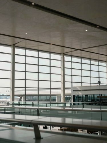 Expansive architectural view of a modern airport terminal roof structure, clean lines, natural daylight streaming through glass panels, calm atmosphere.