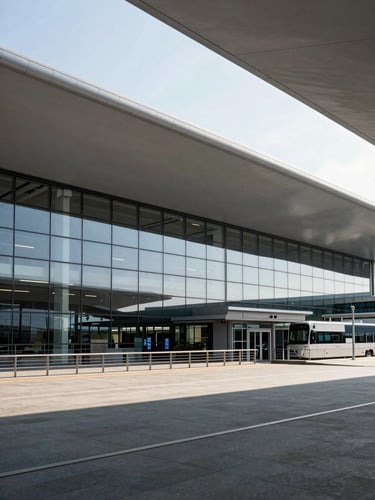 Expansive architectural view of a modern airport terminal at daylight, clean lines, high-contrast shadows, glass facades reflecting a clear sky.