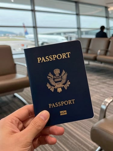First-person perspective of a traveler holding a premium navy passport cover, sitting in a softly lit luxury airport lounge, runway visible through expansive windows in the background.