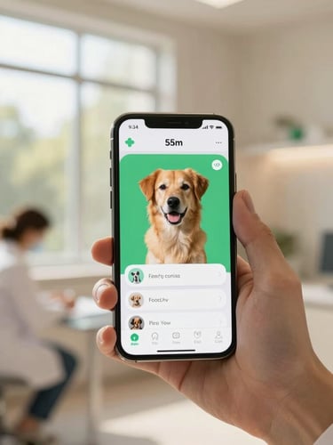 An elegant smartphone displaying a clean pet profile app interface, held by a professional veterinarian in a modern, sunlit clinic, warm tones, shallow depth of field.