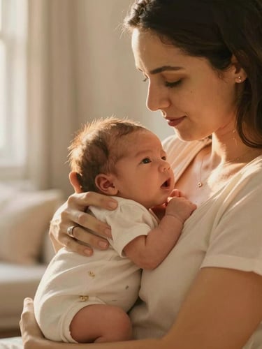 Warm editorial photography of a Brazilian mother gently holding her newborn baby close to her chest, soft golden-hour morning light illuminating the room, shallow depth of field, 35mm.
