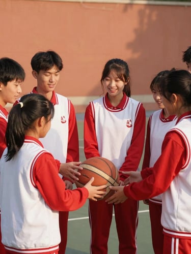 Group of enthusiastic high school students in red and white sports uniforms smiling together on an outdoor court, holding a basketball, warm sunlight, authentic look.