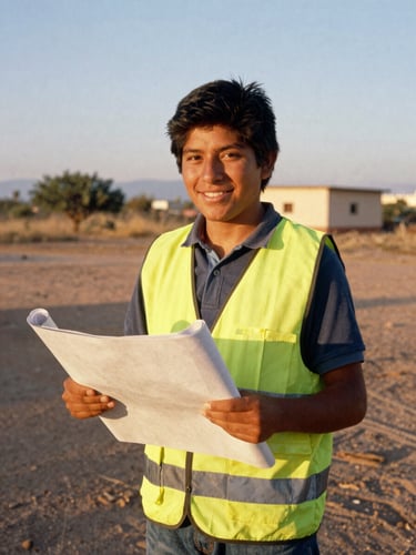 A young Mexican student smiling, wearing a safety vest and holding a blueprint, warm golden-hour sunlight, semi-arid landscape of San Luis Potosí in the background, 35mm photography