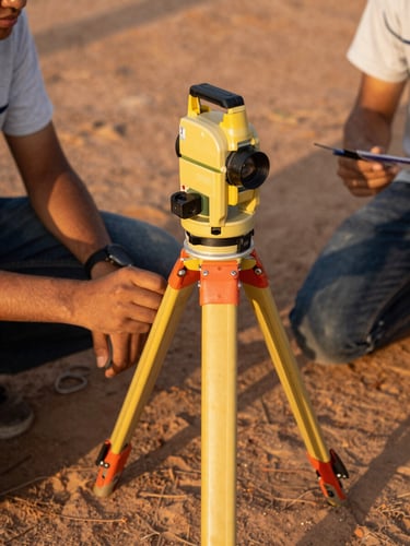 Close-up of students' hands holding a professional surveying prism pole and drafting tools on dusty ground, warm golden-hour light reflecting off the equipment.