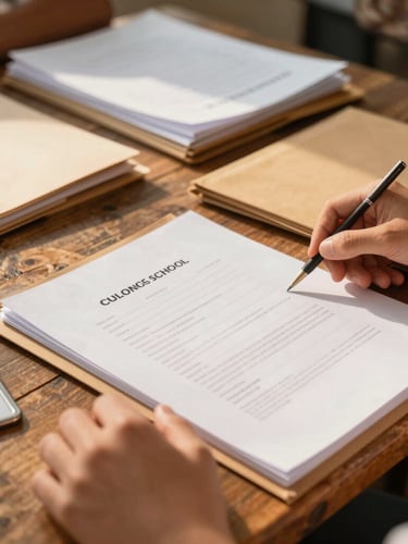A close-up of hands organizing official school documents, folders, and a student ID on a rustic wooden desk, warm golden-hour light filtering in, 35mm photography.