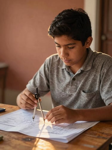 Medium-wide environmental shot of a young Mexican student in Charcas holding a drafting compass over a blueprint, warm golden-hour sunlight reflecting off a wooden table, earth tones, 35mm.