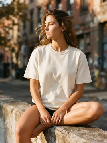 Close-up of a premium heavy cotton t-shirt on a model sitting on a concrete ledge, warm golden hour sunlight with sharp artistic shadows, 35mm film style