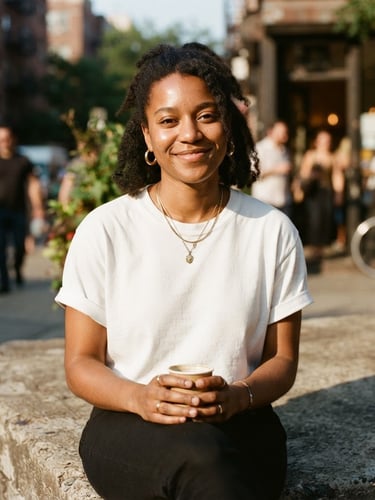 Candid medium-close portrait of a young creative wearing a heavy white t-shirt, sitting on a concrete ledge in warm direct sunlight, sharp shadows, 35mm film style.