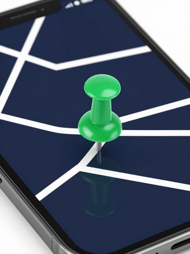 Macro shot of a mobile screen displaying a bright green map pin over a dark navy geographic interface, clean studio light, high contrast