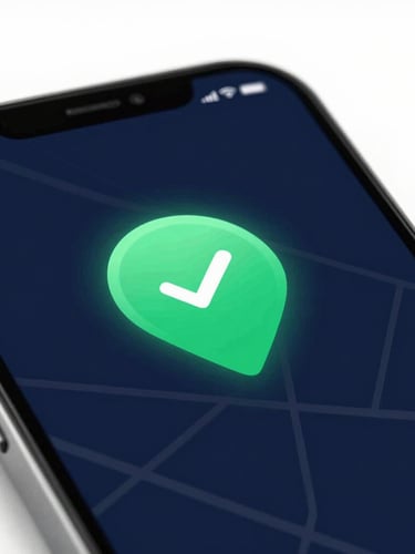 Macro close-up of a mobile screen showing a glowing emerald green verified badge over a map pin, bright clean studio light, high contrast navy tones.