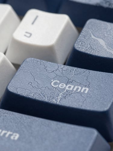 Macro shot of a mechanical keyboard under bright studio light, focusing on the enter key, with subtle geographic map lines projected across the slate-colored keys.