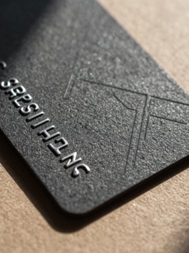 Extreme close-up of a heavy textured business card with embossed geometric lines, casting sharp natural shadows on a raw cardboard background.