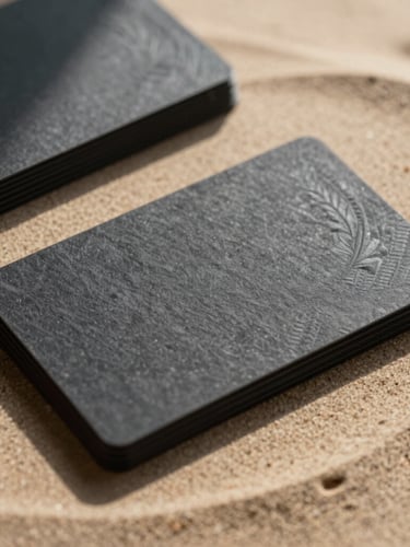 Extreme close-up of embossed dark charcoal business cards stacked on textured warm sand paper, sharp architectural shadows, high-contrast natural light