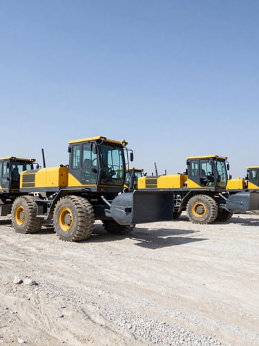 Low-angle wide shot of heavy machinery and construction fleet parked on a gravel yard in Erbil under bright midday sun, high contrast, steel and safety yellow tones.