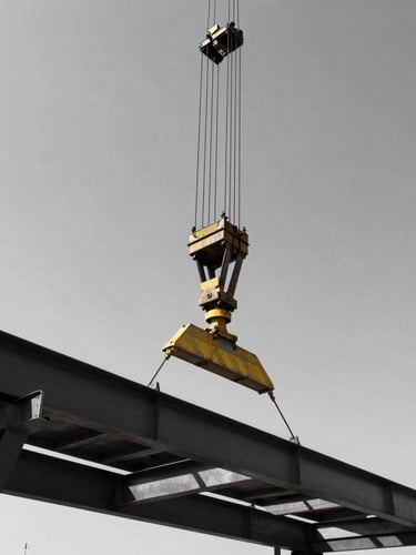 Low-angle portrait of a heavy industrial crane lifting steel structures, stark midday sunlight, high contrast desaturated steel tones, safety yellow accents.