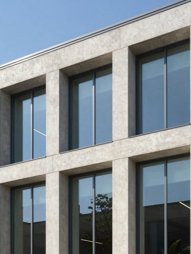 Architectural detail of a modern concrete building facade under bright daylight, clear sky reflections on large glass windows, sharp clean shadows, professional editorial style.