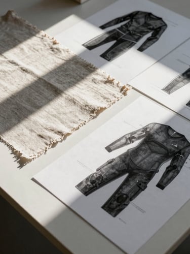 Overhead shot of a minimalist design table in Fort Lauderdale, raw linen fabric swatches, charcoal technical apparel sketches, and sharp midday shadows casting geometric lines.