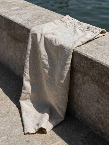 A close-up of heavy linen fabric draped over a concrete ledge next to water, sharp geometric shadows cast by midday sun, architectural feel, high contrast