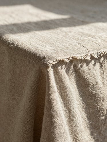 Extreme close-up portrait of heavy linen weave fabric, focusing on raw edge construction and natural texture under sharp midday sun shadows.