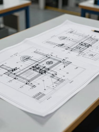 Wide panoramic view of technical CAD drawings on a raw manufacturing floor desk, high-clarity neutral lighting, blueprint details visible.