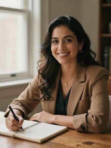Warm environmental portrait of a Latina financial advisor, smiling, sitting at a wooden desk with a notebook, soft natural window light, earthy tones, 35mm film look.