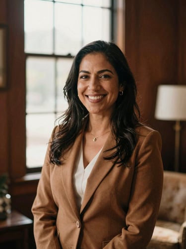 Warm professional portrait of a Latina financial advisor, smiling warmly in a sunlit room, natural window light, rich earthy tones, 35mm film look
