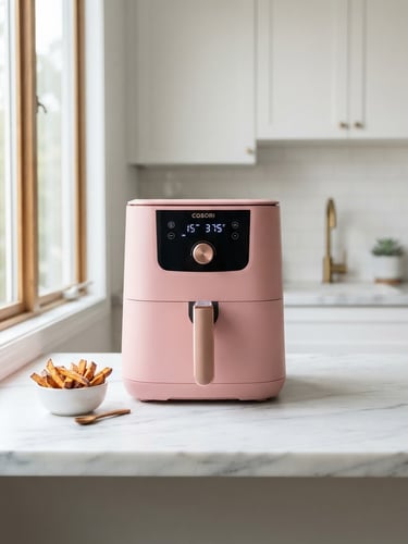 Premium pink air fryer styled on pristine minimalist marble countertop, soft natural kitchen window light, crisp details, 50mm lens