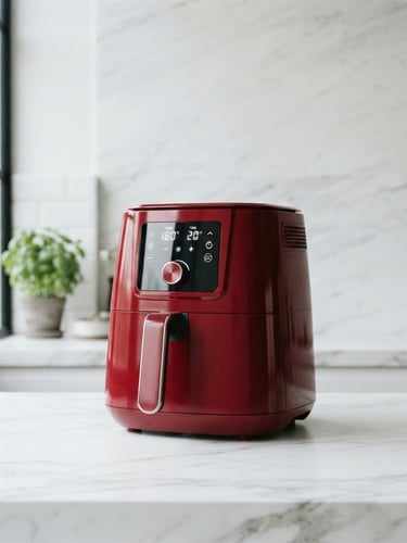 Eye-level architectural shot of a sculptural deep red air fryer on a pristine white marble countertop, soft natural window light, crisp details, 50mm lens.