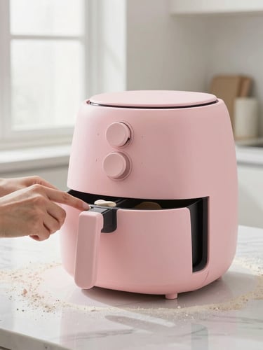 Eye-level straight-on shot of a designer's hands sculpting a minimalist pink air fryer clay prototype in a sunlit studio, plaster dust, soft focus window background