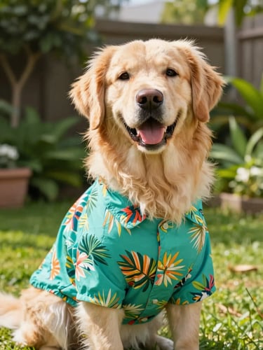 A happy fluffy golden retriever wearing a vibrant teal tropical shirt, sitting in a sunny garden, vibrant lifestyle pet photography, warm natural daylight, cheerful colorful tones, sharp focus, shallow depth of field, 35mm