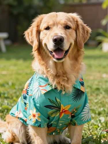 A cheerful golden retriever wearing a colorful teal tropical shirt, sitting comfortably in a bright sunny garden, eye-level medium shot, 35mm