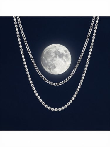 Macro shot of layered sterling silver necklaces catching cool moonlight reflections, deep navy background, elegant studio lighting.