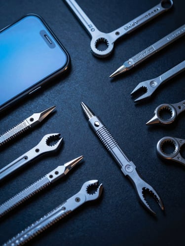 Overhead flat-lay of neatly organized precision tools on a dark workbench, with a partially disassembled smartphone, cool studio lighting, electric blue glow.