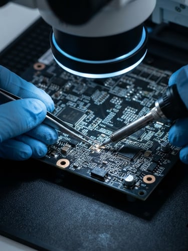 Macro close-up of a technician's hands performing micro-soldering on a circuit board under a microscope, illuminated by cool studio light with electric blue accents, on a dark ESD mat.