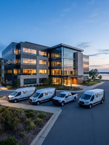 Wide panoramic view of Monarch Presentations' branded service vehicles parked in front of a modern Chesapeake office building at dawn, cool blue light, professional architectural photography, low horizon.