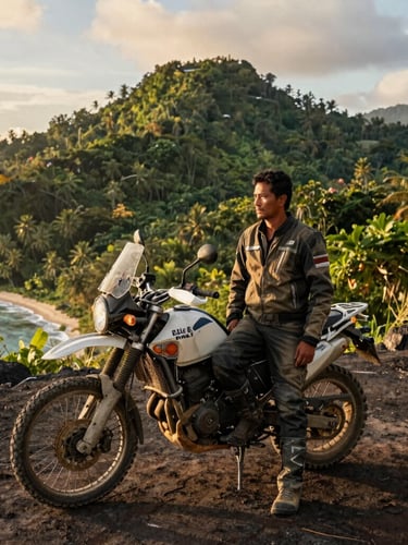 Portrait of Ellis E. Reno III, a rugged man in motorcycle gear, standing beside a dusty adventure motorcycle on a remote coastal cliff in the Philippines, golden-hour sun, wide environmental landscape