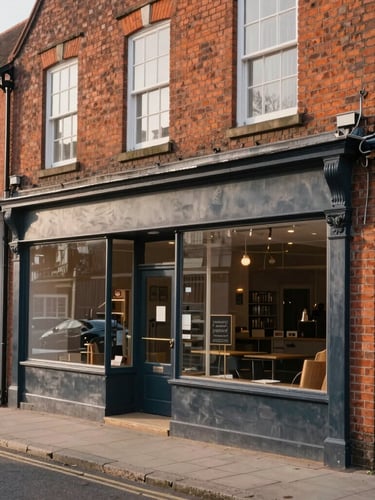 Wide angle architectural shot of a brick commercial storefront in a historic Cheshire street, soft morning light, professional 35mm photography