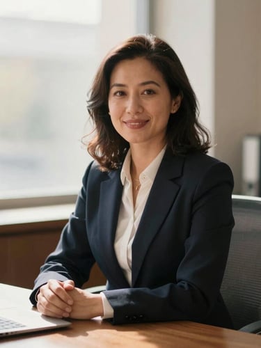 A warm, daylight-filled office portrait of a professional female solicitor sitting at a wooden desk, soft natural window light, professional 35mm photography