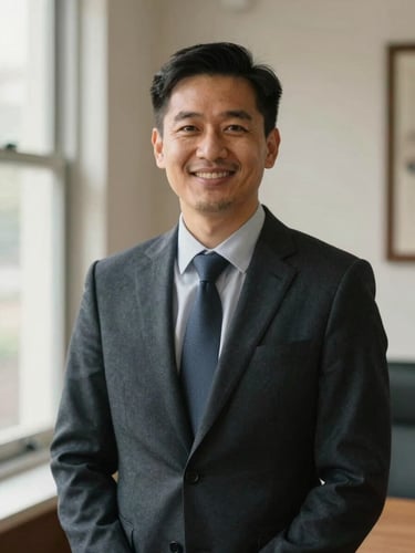 Warm, natural portrait of a friendly solicitor in a daylight-filled regional office, soft window light, rich muted tones, professional 35mm photography