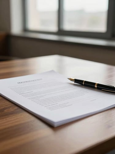 A warm daylight-filled office with a signed document and a fountain pen on a wooden desk, soft natural window light, shallow depth of field, professional 35mm photography