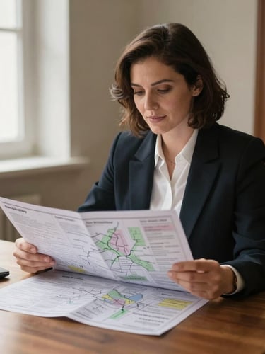 A warm, natural portrait of a professional solicitor reviewing land registry maps at a daylight-filled wooden desk, soft natural window light, professional 35mm editorial photography
